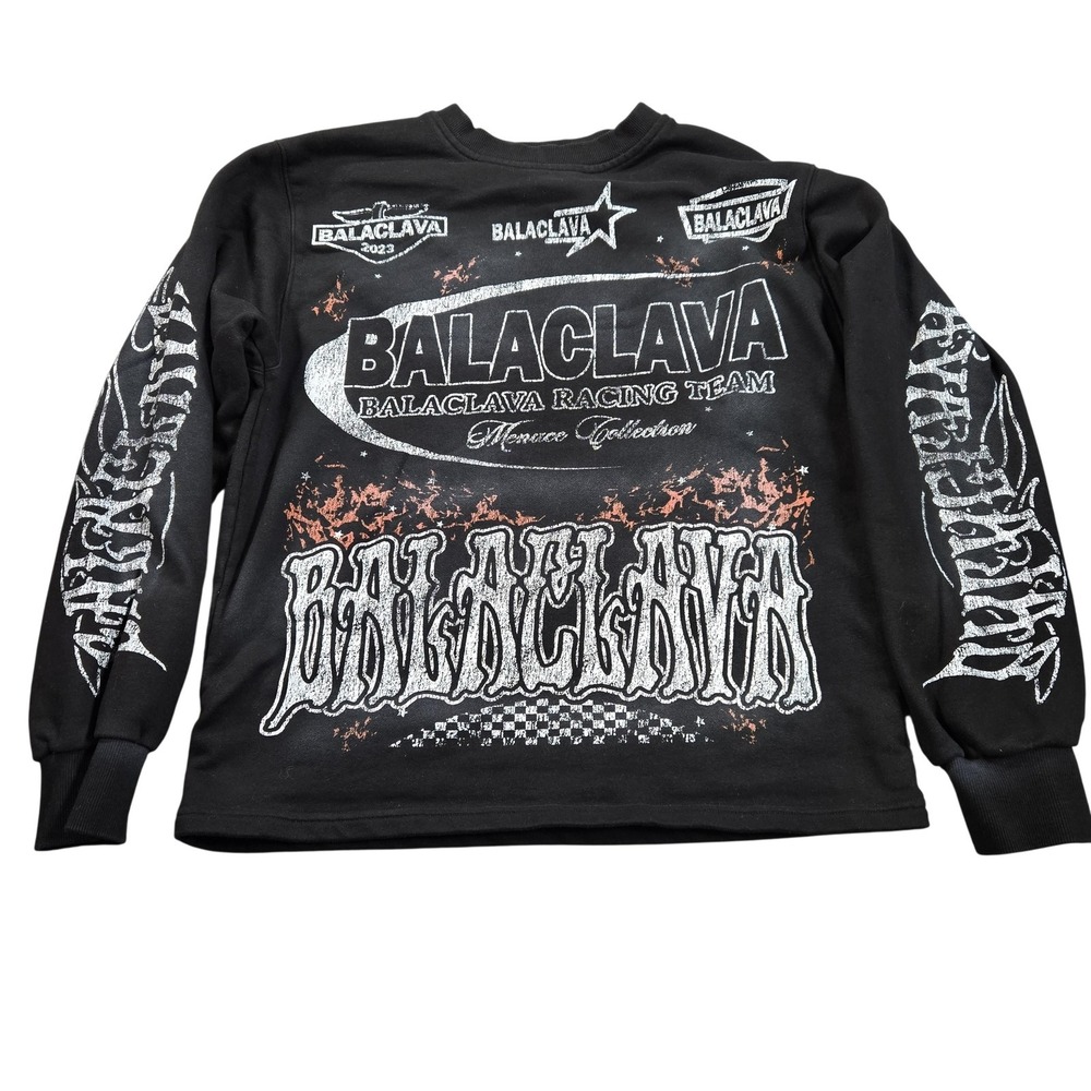 Balaclava Circle Sweatshirt Mens Large Black Racing Team Graphic Fleece Pullover